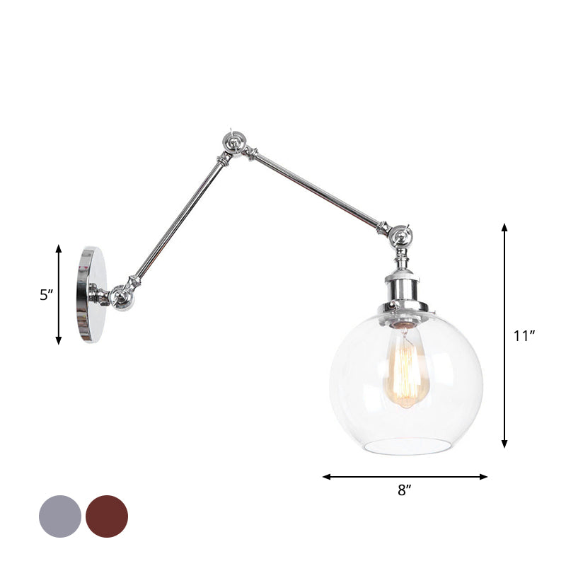 Industrial Swing Arm Wall Light With Clear Glass Conical/Bell/Global Shade In Chrome/Rust Finish