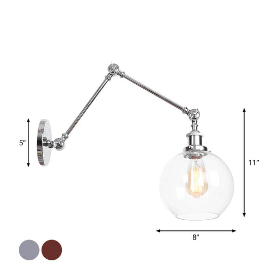 Industrial Swing Arm Wall Light With Clear Glass Conical/Bell/Global Shade In Chrome/Rust Finish