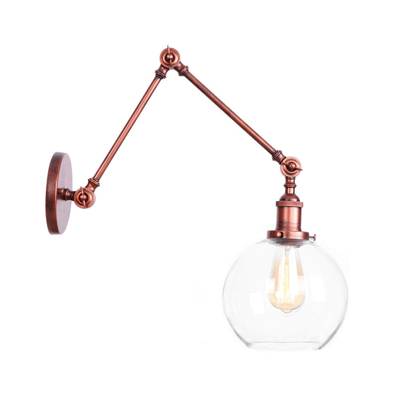 Industrial Swing Arm Wall Light With Clear Glass Conical/Bell/Global Shade In Chrome/Rust Finish