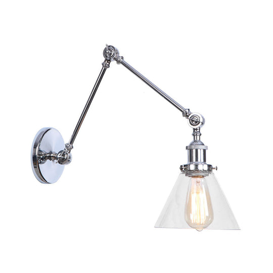 Industrial Swing Arm Wall Light With Clear Glass Conical/Bell/Global Shade In Chrome/Rust Finish