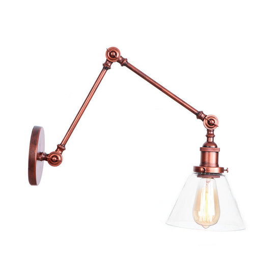 Industrial Swing Arm Wall Light With Clear Glass Conical/Bell/Global Shade In Chrome/Rust Finish