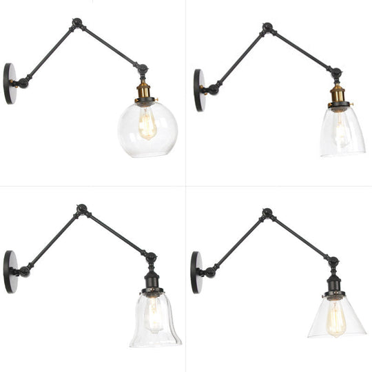 Black Swing Arm Dorm Room Wall Lamp With Clear Glass Shade