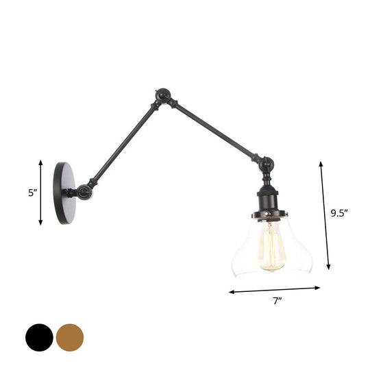 Black Swing Arm Dorm Room Wall Lamp With Clear Glass Shade