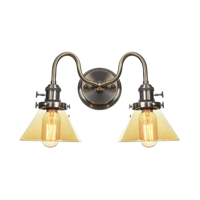 Amber/Clear Glass Wall Light With Undulated Arm In Bronze - Factory 2 Bulbs Living Room Mounted