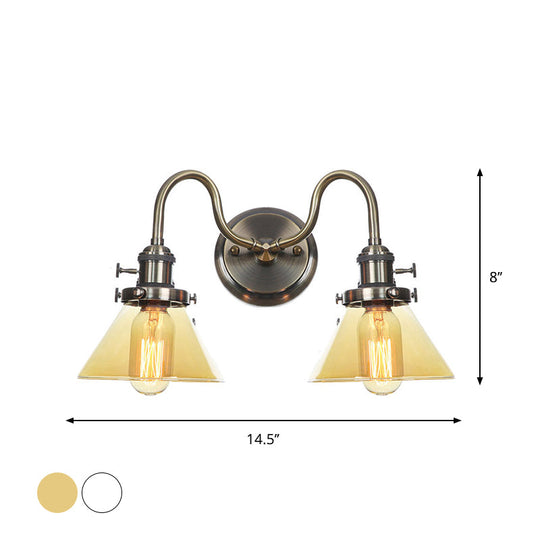 Amber/Clear Glass Wall Light With Undulated Arm In Bronze - Factory 2 Bulbs Living Room Mounted