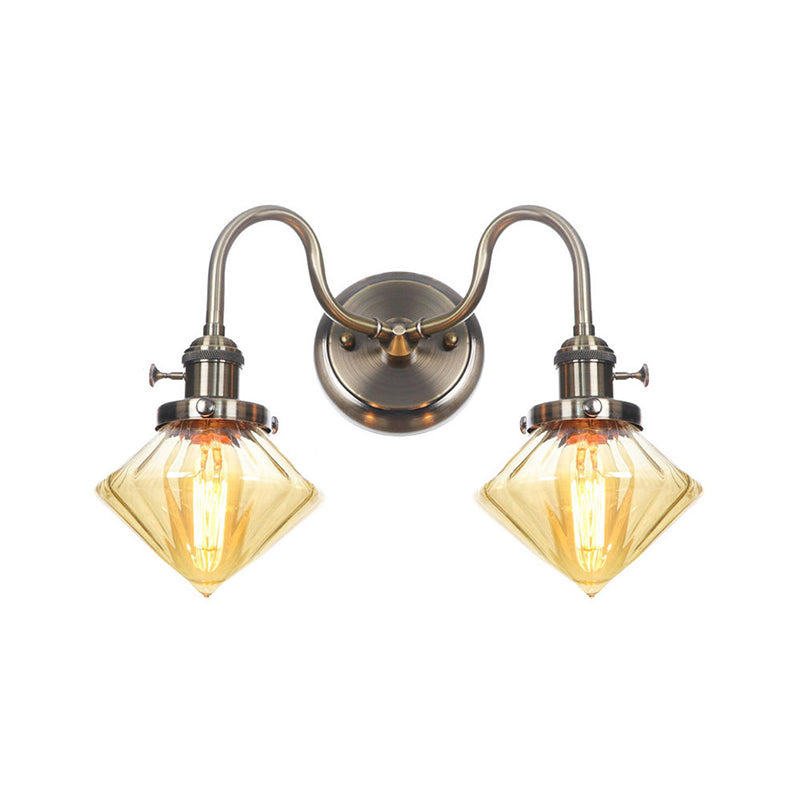 Amber/Clear Glass Wall Light With Undulated Arm In Bronze - Factory 2 Bulbs Living Room Mounted