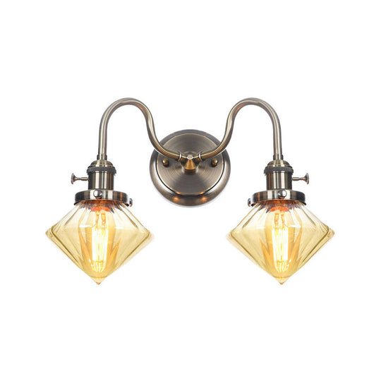 Amber/Clear Glass Wall Light With Undulated Arm In Bronze - Factory 2 Bulbs Living Room Mounted