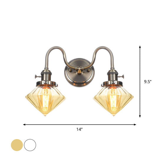 Amber/Clear Glass Wall Light With Undulated Arm In Bronze - Factory 2 Bulbs Living Room Mounted