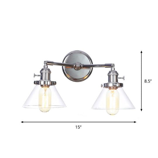 Industrial Style Chrome Wall Sconce With Clear Glass Globe/Cone Wavy Arm - 2 Light Kit For Corridor