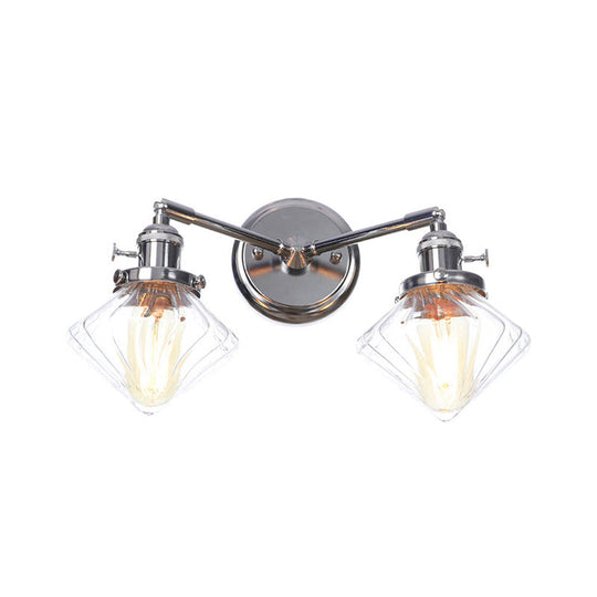 Industrial Style Chrome Wall Sconce With Clear Glass Globe/Cone Wavy Arm - 2 Light Kit For Corridor