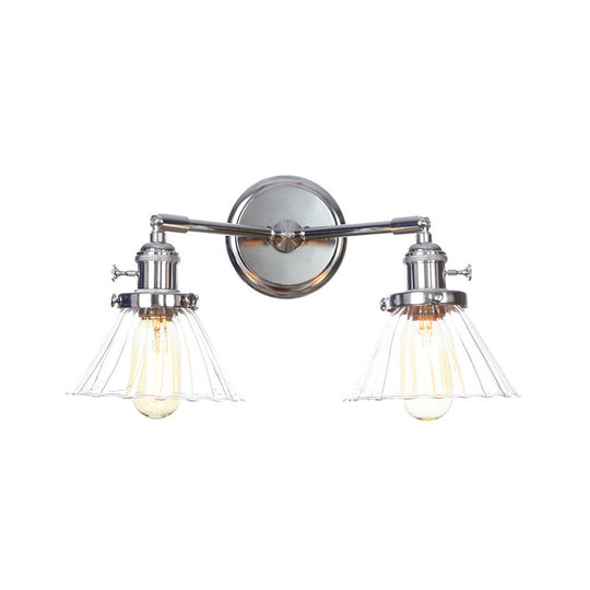 Industrial Style Chrome Wall Sconce With Clear Glass Globe/Cone Wavy Arm - 2 Light Kit For Corridor