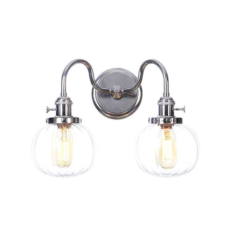 Industrial Style Chrome Wall Sconce With Clear Glass Globe/Cone Wavy Arm - 2 Light Kit For Corridor