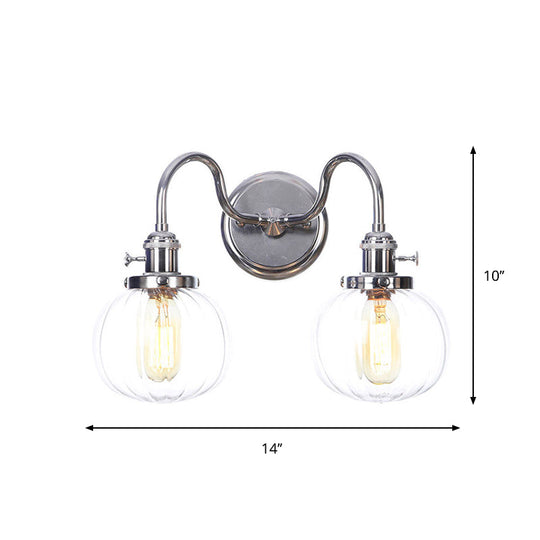 Industrial Style Chrome Wall Sconce With Clear Glass Globe/Cone Wavy Arm - 2 Light Kit For Corridor