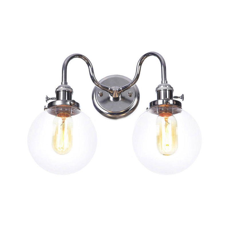 Industrial Style Chrome Wall Sconce With Clear Glass Globe/Cone Wavy Arm - 2 Light Kit For Corridor