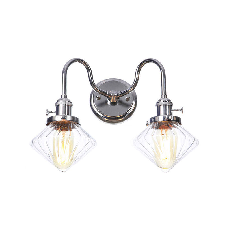 Industrial Style Chrome Wall Sconce With Clear Glass Globe/Cone Wavy Arm - 2 Light Kit For Corridor