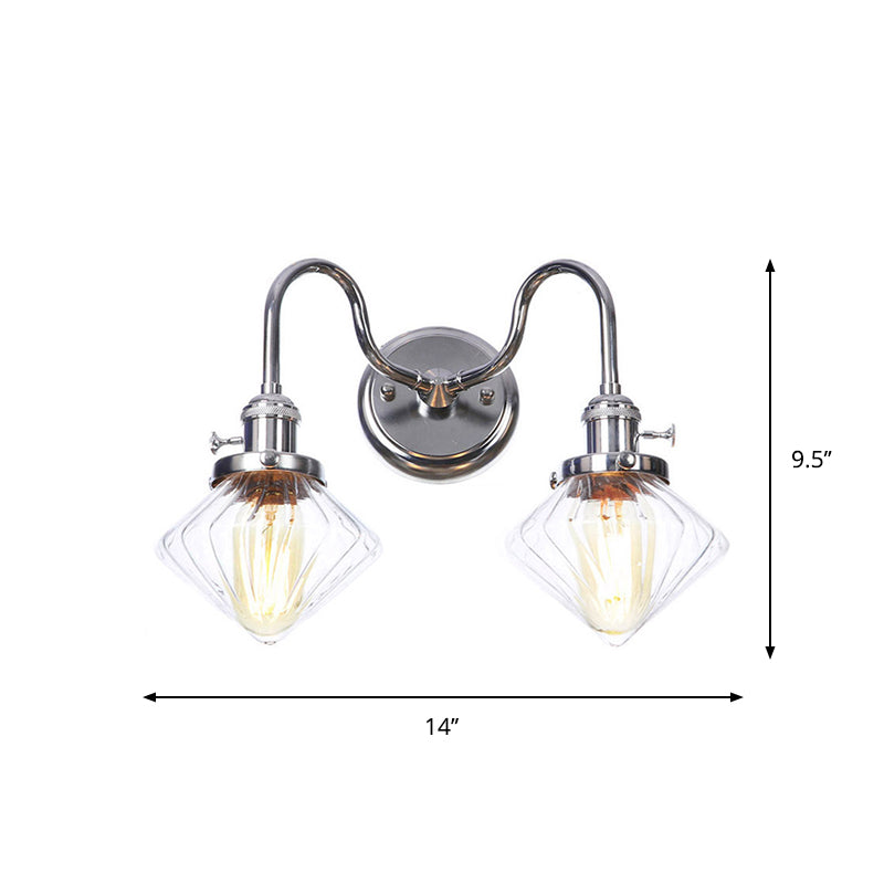 Industrial Style Chrome Wall Sconce With Clear Glass Globe/Cone Wavy Arm - 2 Light Kit For Corridor