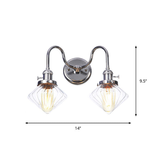 Industrial Style Chrome Wall Sconce With Clear Glass Globe/Cone Wavy Arm - 2 Light Kit For Corridor