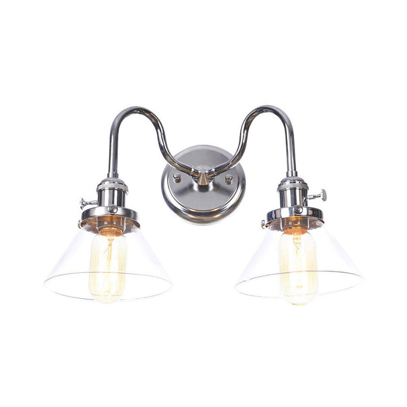 Industrial Style Chrome Wall Sconce With Clear Glass Globe/Cone Wavy Arm - 2 Light Kit For Corridor