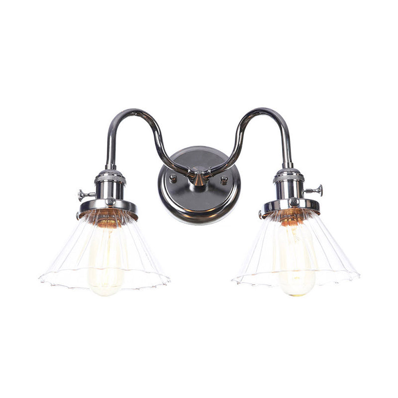 Industrial Style Chrome Wall Sconce With Clear Glass Globe/Cone Wavy Arm - 2 Light Kit For Corridor