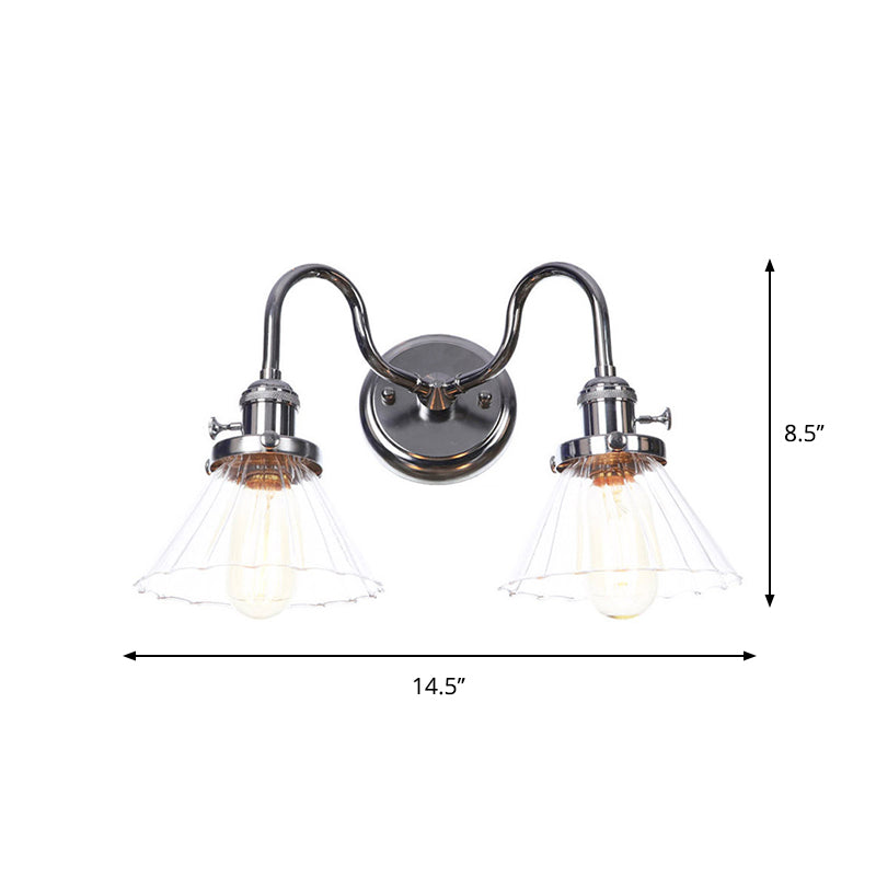 Industrial Style Chrome Wall Sconce With Clear Glass Globe/Cone Wavy Arm - 2 Light Kit For Corridor