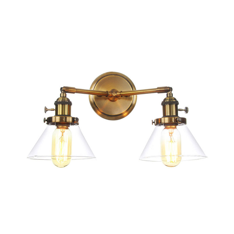 Antiqued Brass Wall Mounted Lamp With Conical/Spherical Shades And Adjustable Arms - 2-Light Fixture