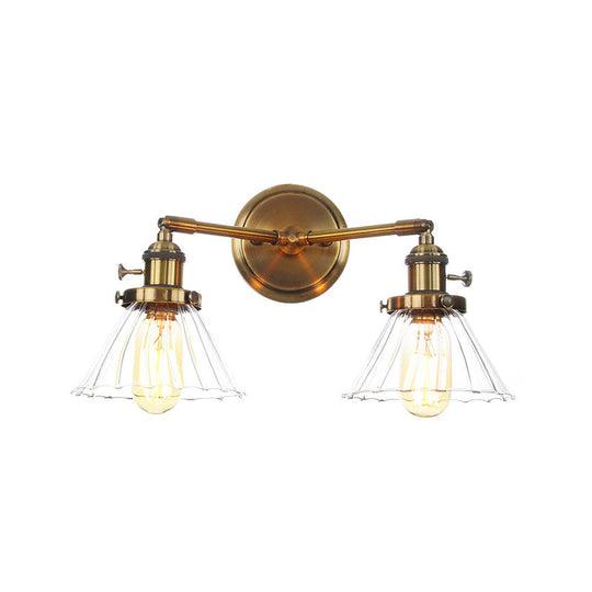 Antiqued Brass Wall Mounted Lamp With Conical/Spherical Shades And Adjustable Arms - 2-Light Fixture