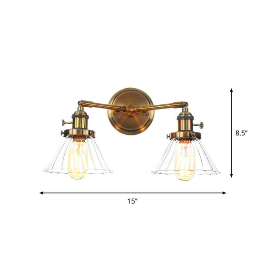 Antiqued Brass Wall Mounted Lamp With Conical/Spherical Shades And Adjustable Arms - 2-Light Fixture