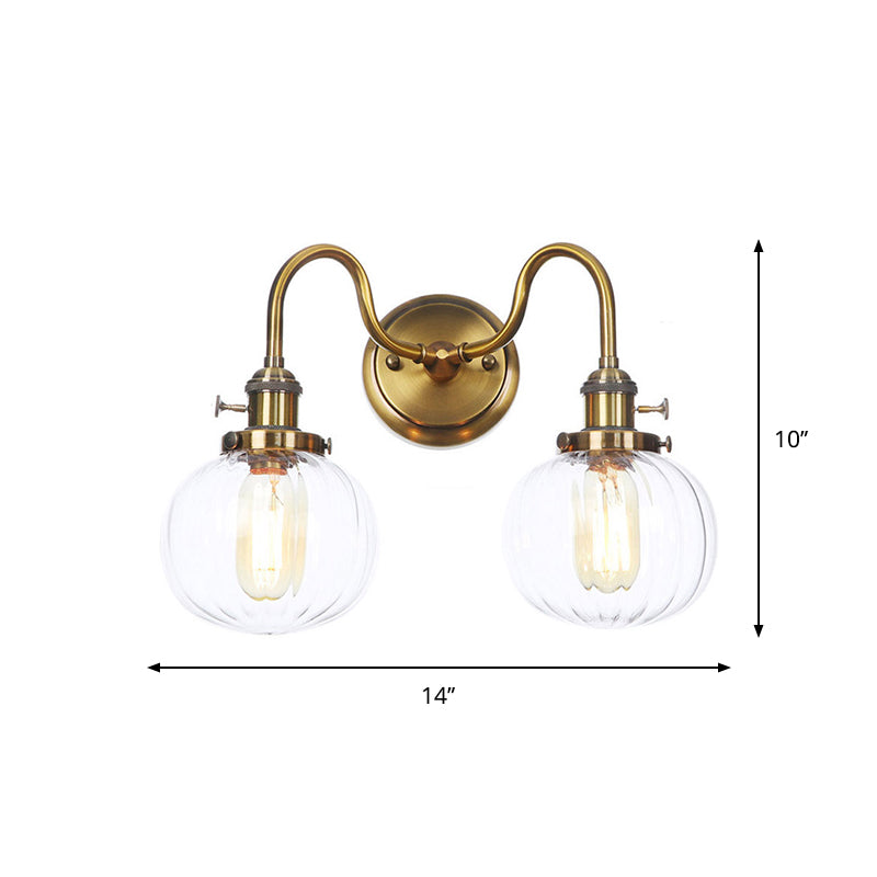 Antiqued Brass Wall Mounted Lamp With Conical/Spherical Shades And Adjustable Arms - 2-Light Fixture