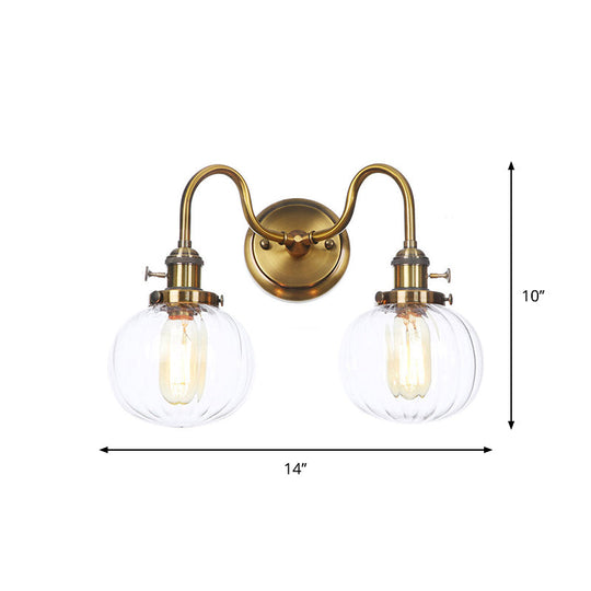 Antiqued Brass Wall Mounted Lamp With Conical/Spherical Shades And Adjustable Arms - 2-Light Fixture