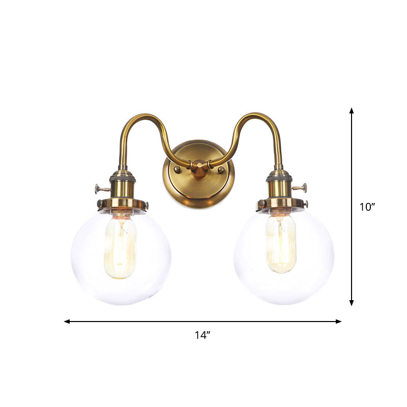 Antiqued Brass Wall Mounted Lamp With Conical/Spherical Shades And Adjustable Arms - 2-Light Fixture