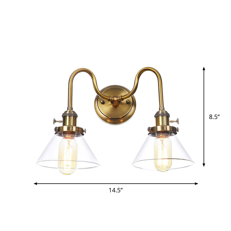 Antiqued Brass Wall Mounted Lamp With Conical/Spherical Shades And Adjustable Arms - 2-Light Fixture