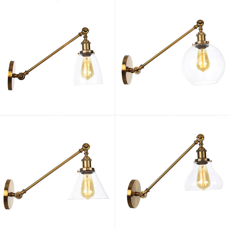 Brass Wall Mounted Clear Glass Sconce Light With Rotating Single-Bulb Saucer/Cone Design & Straight