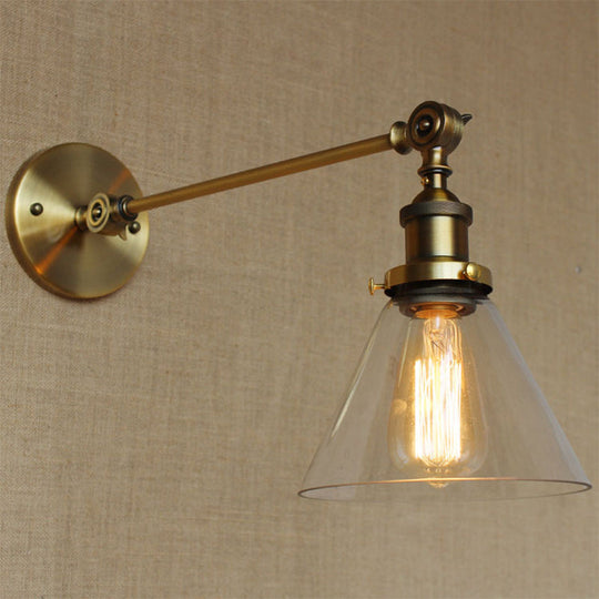 Brass Wall Mounted Clear Glass Sconce Light With Rotating Single-Bulb Saucer/Cone Design & Straight