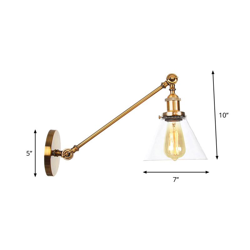 Brass Wall Mounted Clear Glass Sconce Light With Rotating Single-Bulb Saucer/Cone Design & Straight