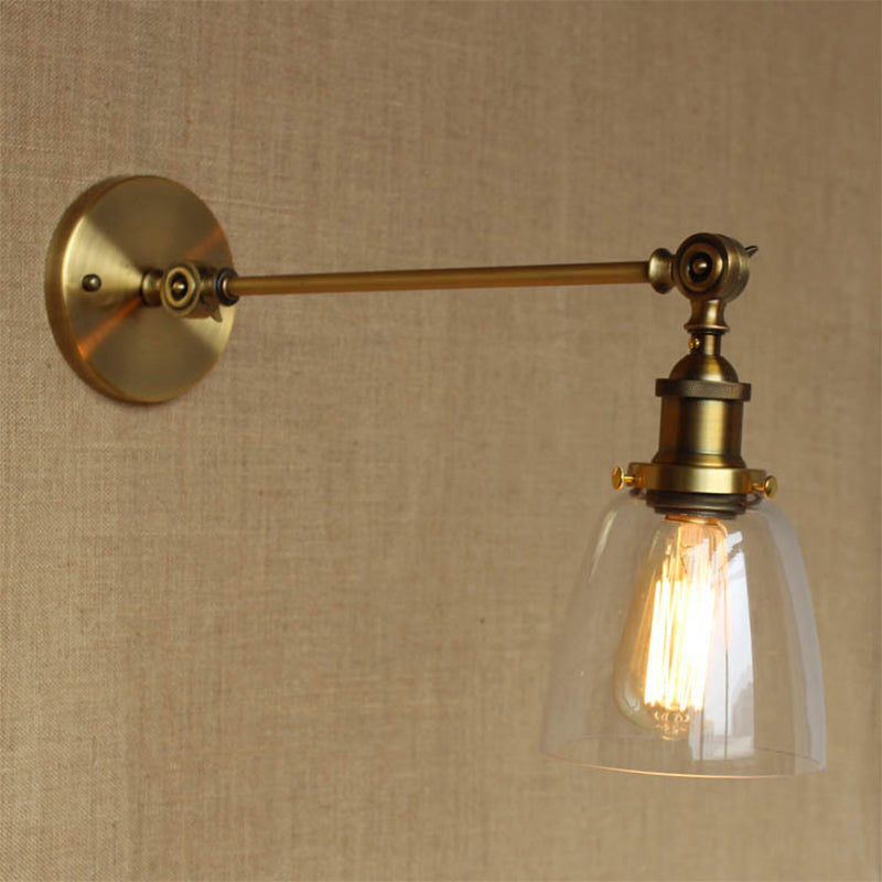 Brass Wall Mounted Clear Glass Sconce Light With Rotating Single-Bulb Saucer/Cone Design & Straight