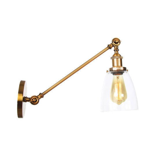 Brass Wall Mounted Clear Glass Sconce Light With Rotating Single-Bulb Saucer/Cone Design & Straight