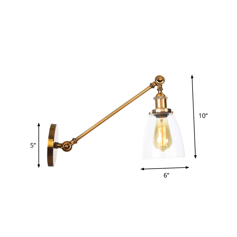 Brass Wall Mounted Clear Glass Sconce Light With Rotating Single-Bulb Saucer/Cone Design & Straight