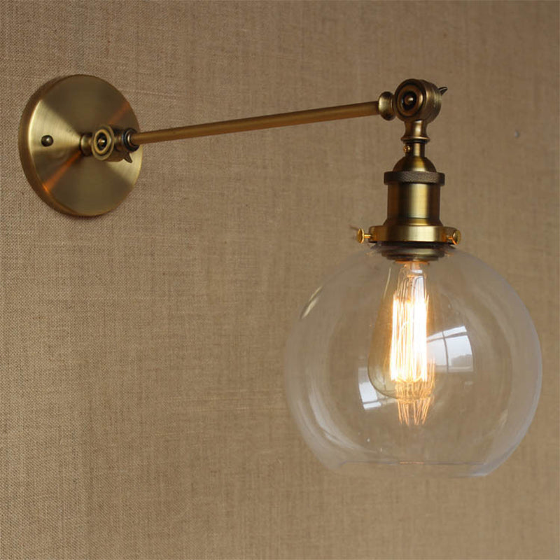 Brass Wall Mounted Clear Glass Sconce Light With Rotating Single-Bulb Saucer/Cone Design & Straight