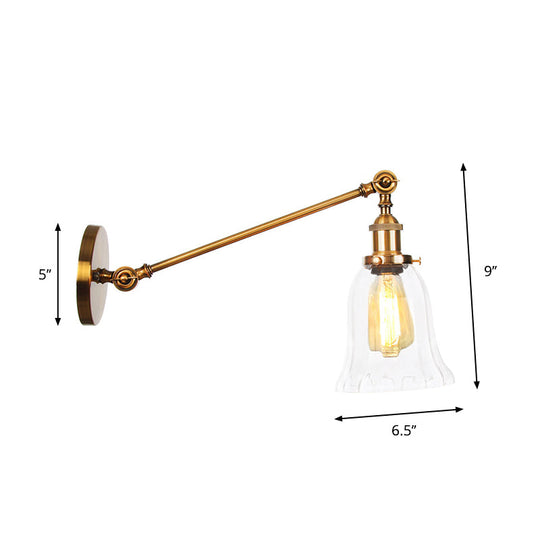 Brass Wall Mounted Clear Glass Sconce Light With Rotating Single-Bulb Saucer/Cone Design & Straight