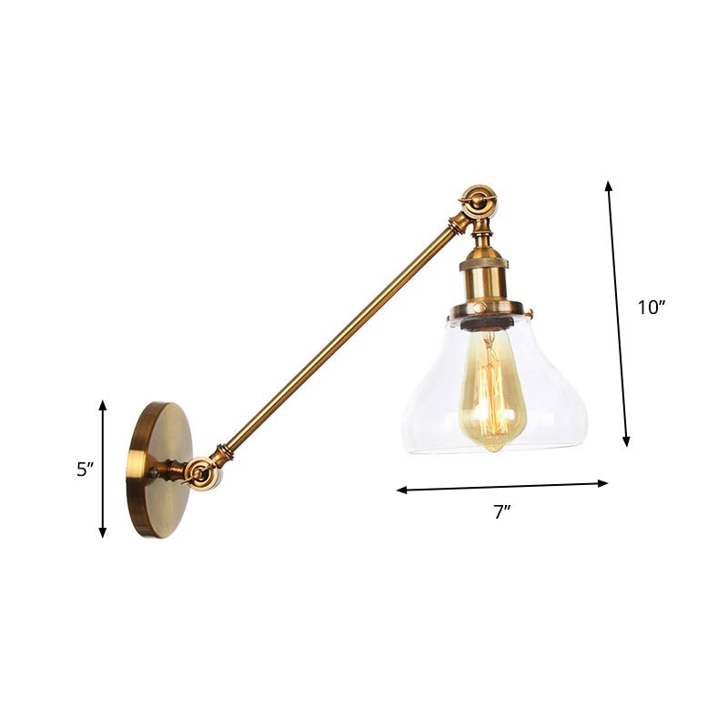 Brass Wall Mounted Clear Glass Sconce Light With Rotating Single-Bulb Saucer/Cone Design & Straight