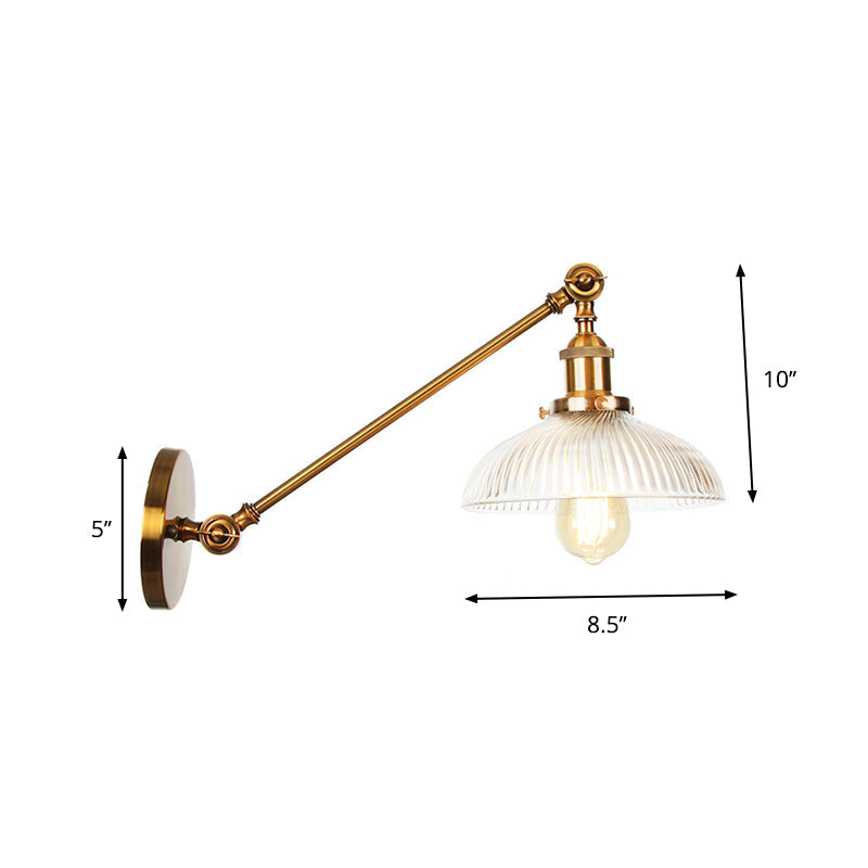 Brass Wall Mounted Clear Glass Sconce Light With Rotating Single-Bulb Saucer/Cone Design & Straight