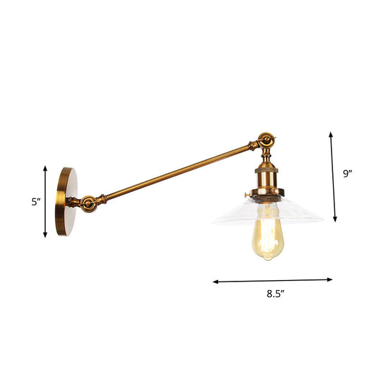 Brass Wall Mounted Clear Glass Sconce Light With Rotating Single-Bulb Saucer/Cone Design & Straight