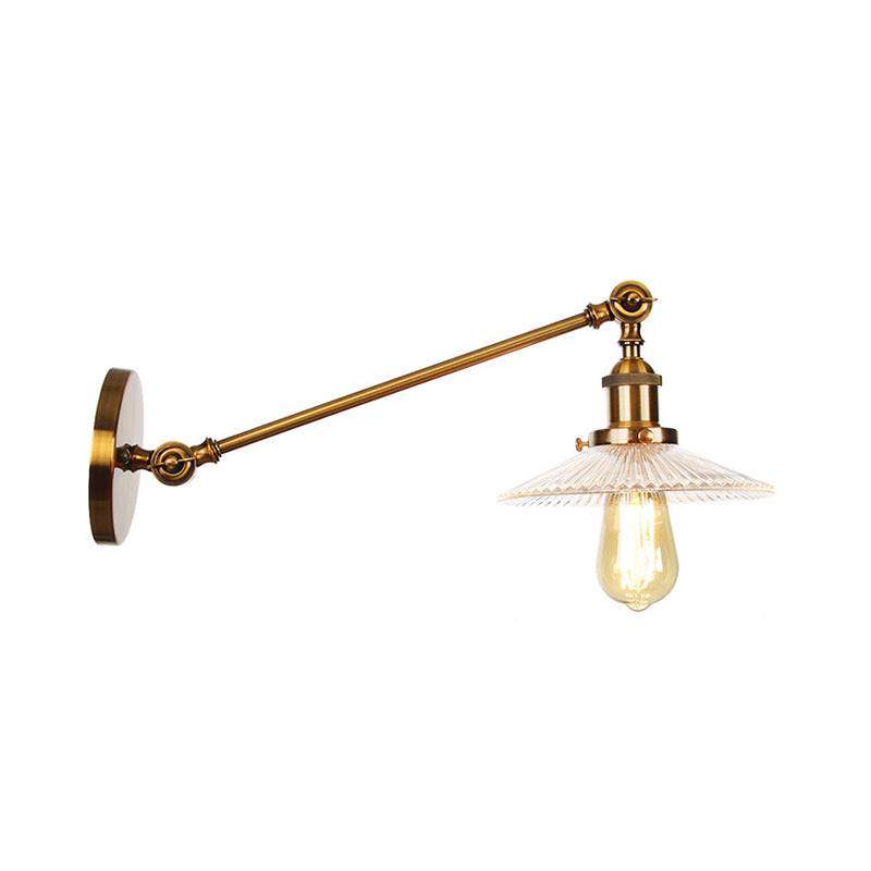 Brass Wall Mounted Clear Glass Sconce Light With Rotating Single-Bulb Saucer/Cone Design & Straight