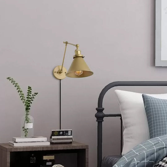 Antique Metallic Conical Bedside Wall Lamp With Swing Arm - Brass Plug-In/Plug-Less Mounted Light /