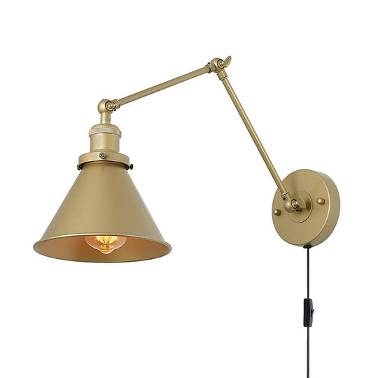 Antique Metallic Conical Bedside Wall Lamp With Swing Arm - Brass Plug-In/Plug-Less Mounted Light