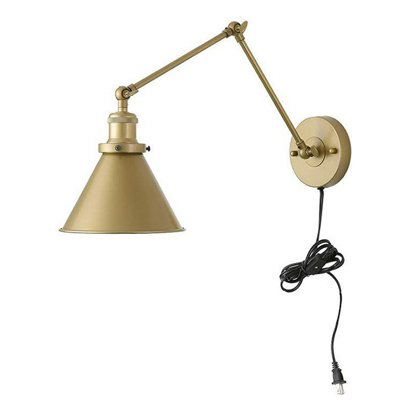 Antique Metallic Conical Bedside Wall Lamp With Swing Arm - Brass Plug-In/Plug-Less Mounted Light