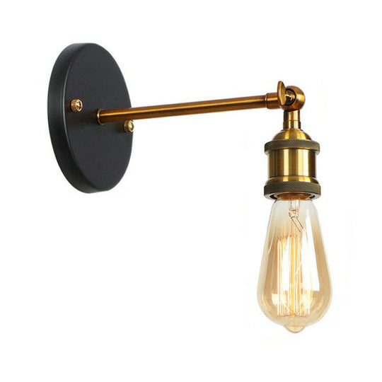 Industrial Metal Rotatable Wall Lamp In Black With Brass Arm And Open Bulb Design