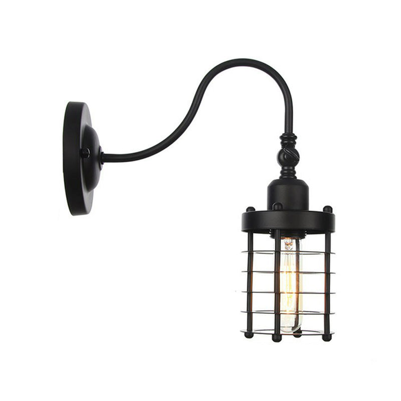 Black Iron Gooseneck Wall Lamp - Single Factory Mounted Lighting Fixture With 3 Cage Options: Tube