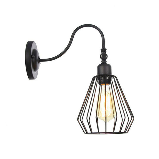 Black Iron Gooseneck Wall Lamp - Single Factory Mounted Lighting Fixture With 3 Cage Options: Tube