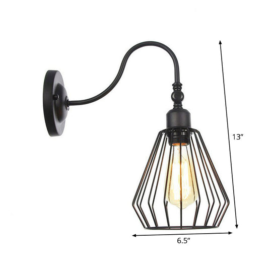 Black Iron Gooseneck Wall Lamp - Single Factory Mounted Lighting Fixture With 3 Cage Options: Tube